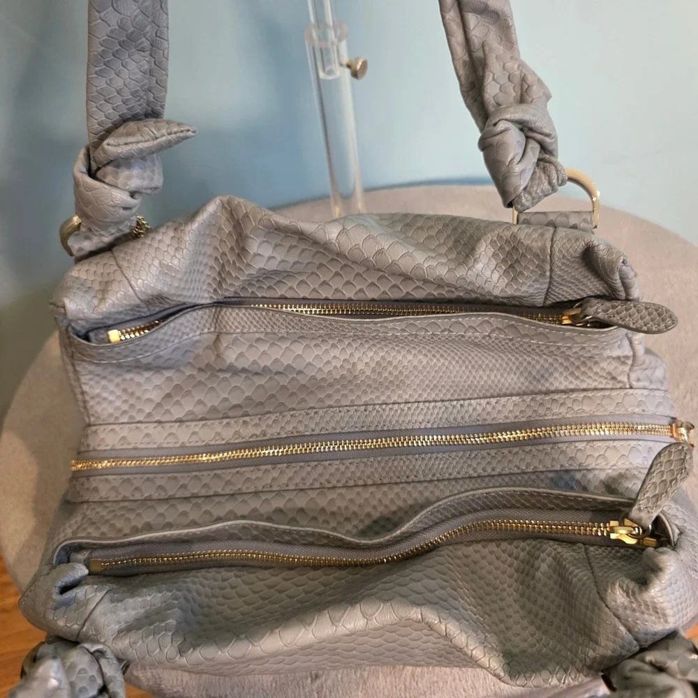 Cole Haan Genevieve Grey Snake Embossed Leather Satchel Shoulder Bag Gold Tags